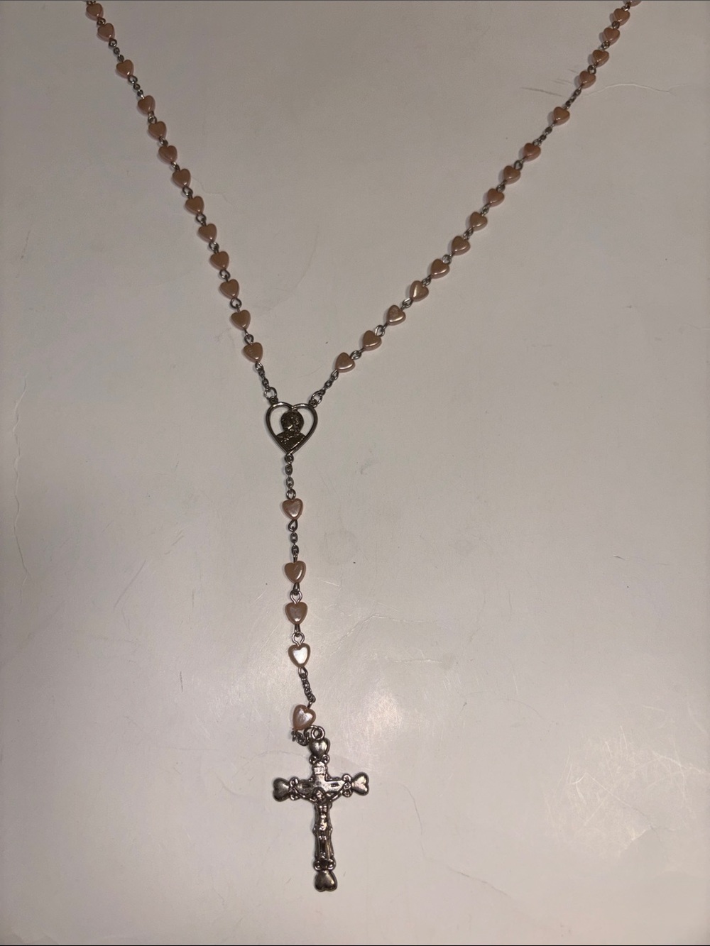 Delicate Pink Heart Rosary Necklace with Silver Cross